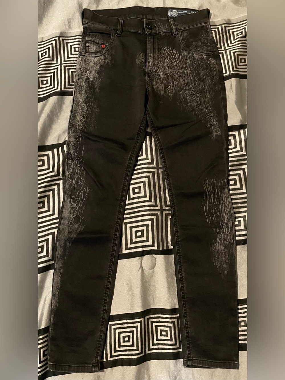 Diesel Black Skinny Laser Etched Jeans (Made with cowhide leather,made in Italy)